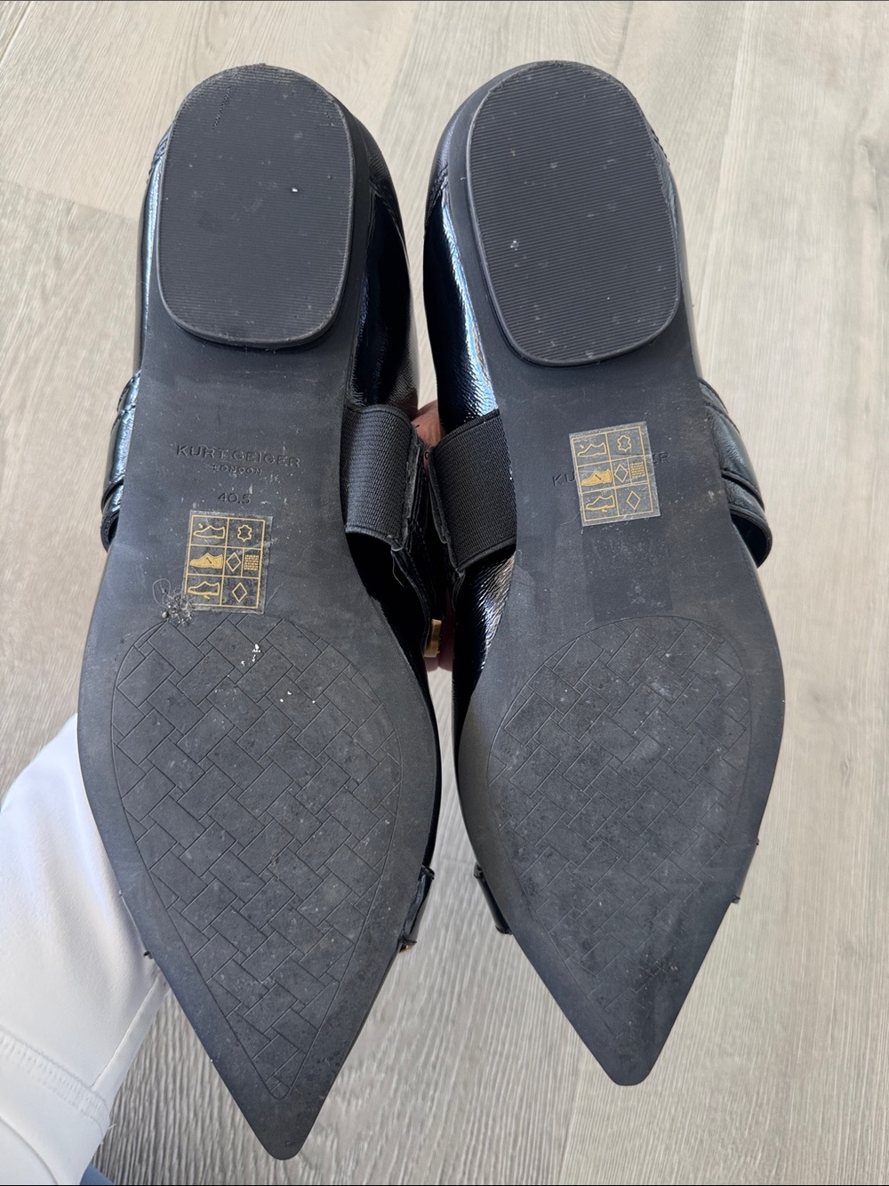 Kurt Geiger Black Patent Pointed Flats with Gold Medallion Accents - Picture 7 of 8